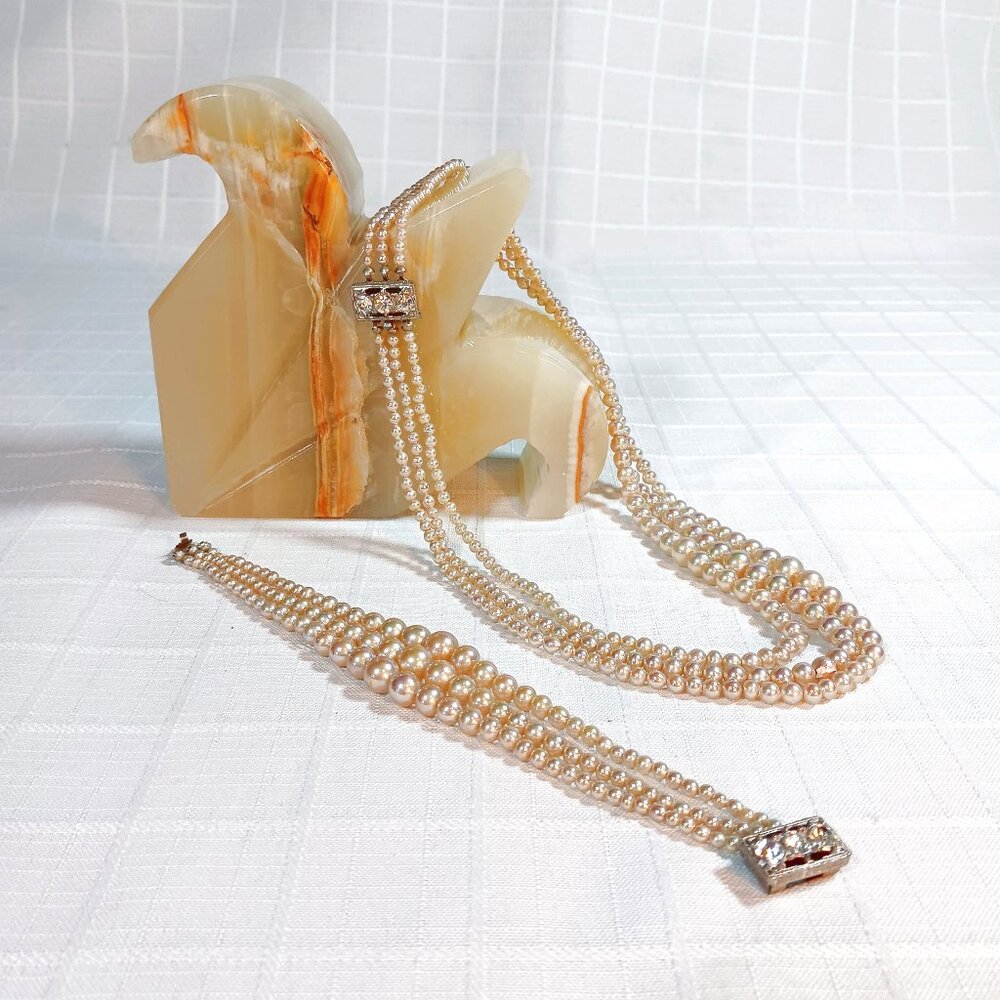 3-Strand Graduated Pearl Necklace and Matching Bracelet Silver Rhinestone Clasps